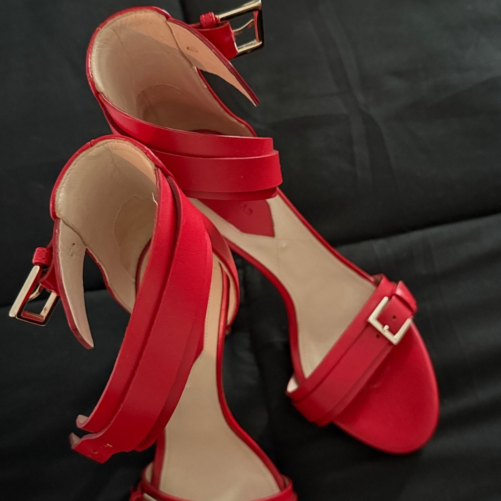Elie Saab Red Hibiscus Heel Sandal Gold Side Buckle